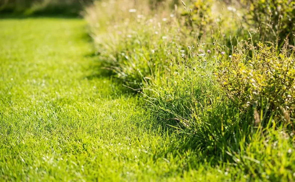 Mown lawn edge meeting taller grass and brush, the boundary where ticks wait