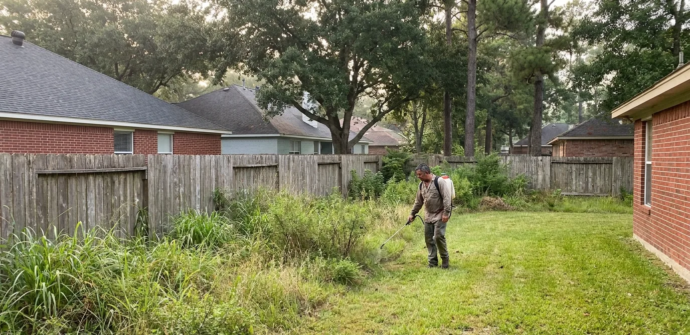 Technician treating the boundary where mown lawn meets tall grass and brush along a back fence